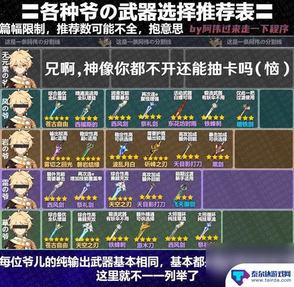 原神3.8送的武器 原神3.8版本全角色武器推荐