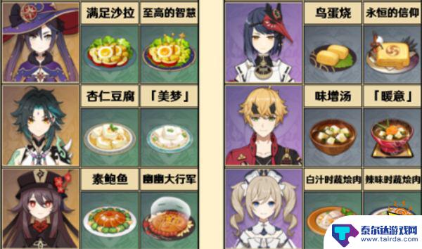 原神角色料理 原神全角色特殊料理一览表